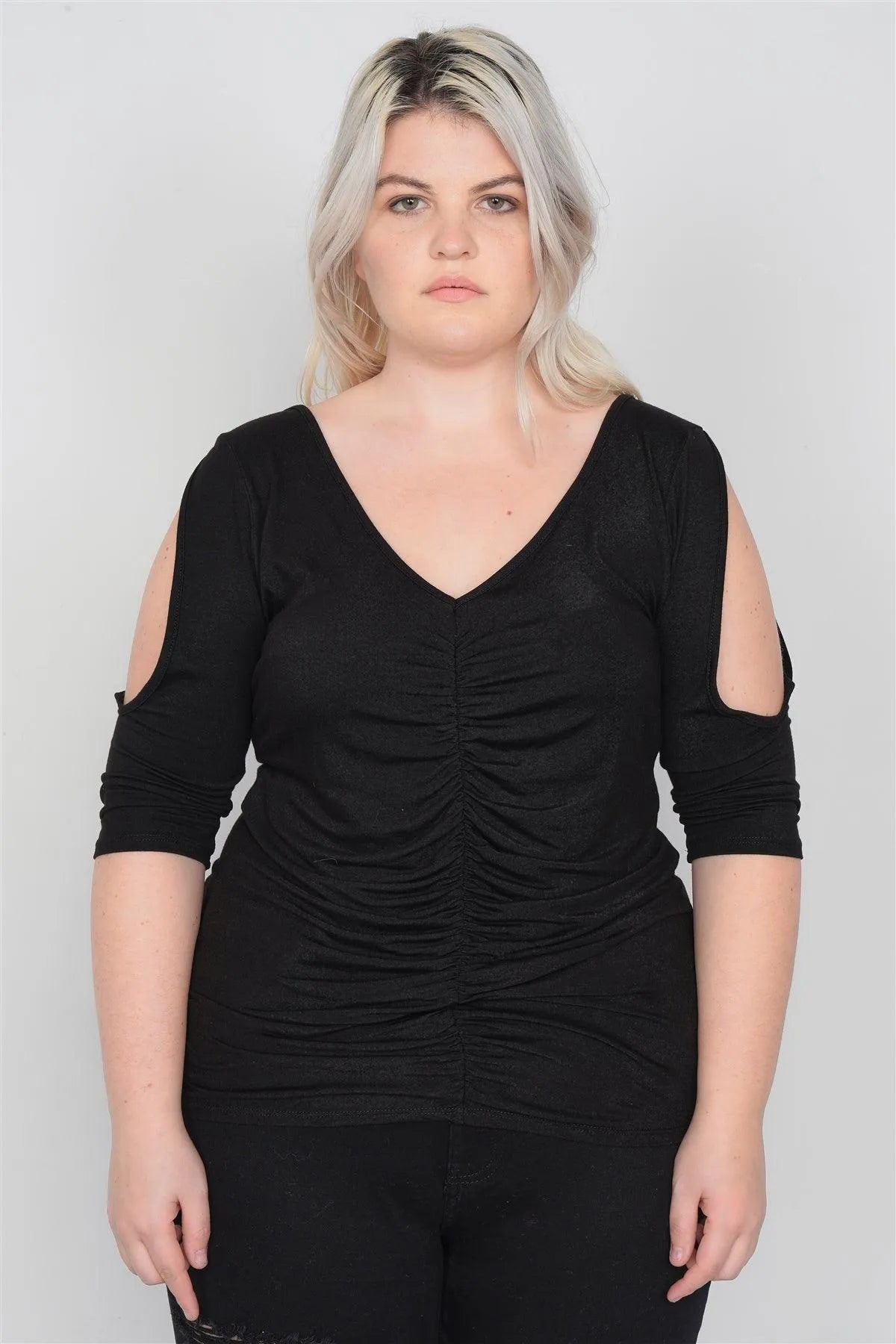 Black Plus Size Slit Sleeve Ruched Front Top /2-2-2 - Tasha Apparel Wholesale