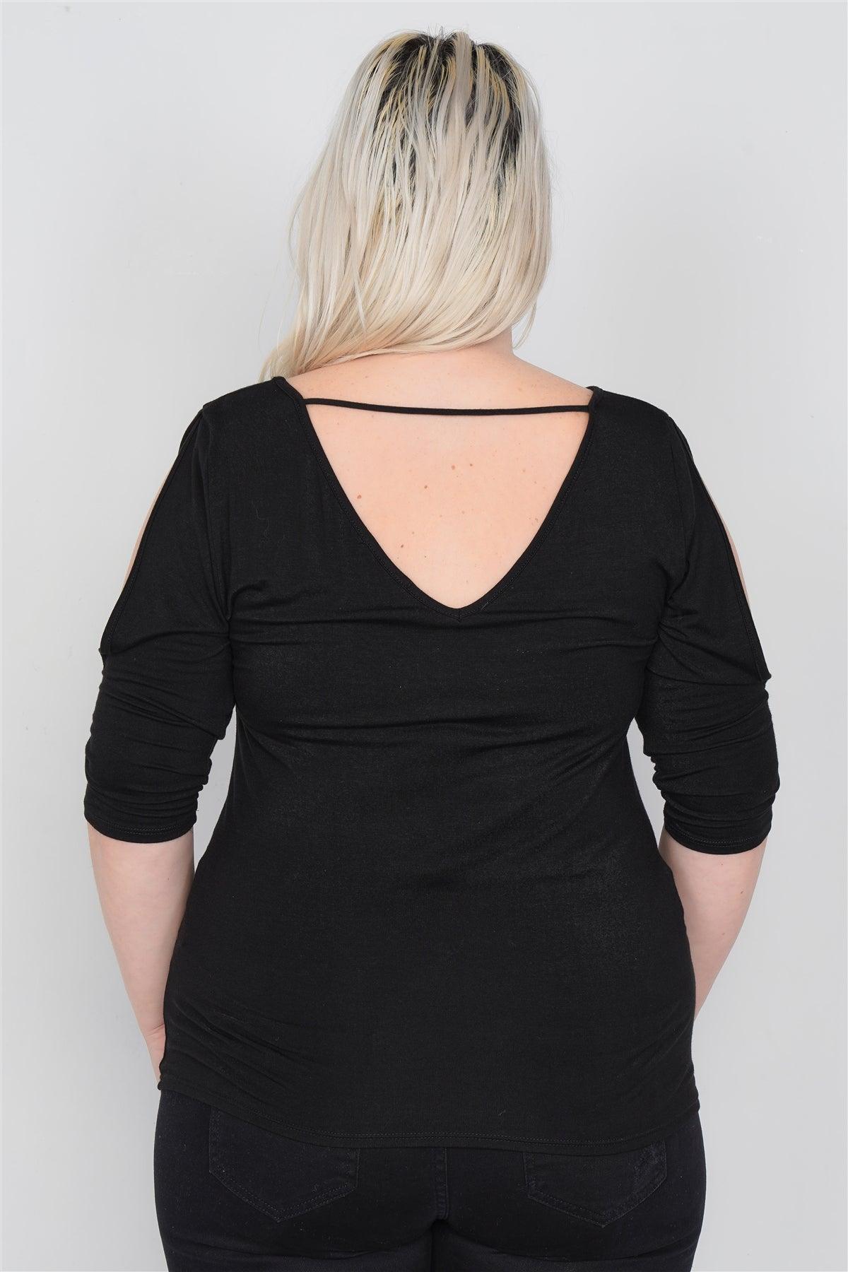 Black Plus Size Slit Sleeve Ruched Front Top /2-2-2