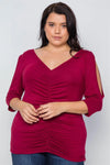 Burgundy Plus Size Slit Sleeve Ruched Front Top /2-1-2 - Tasha Apparel Wholesale