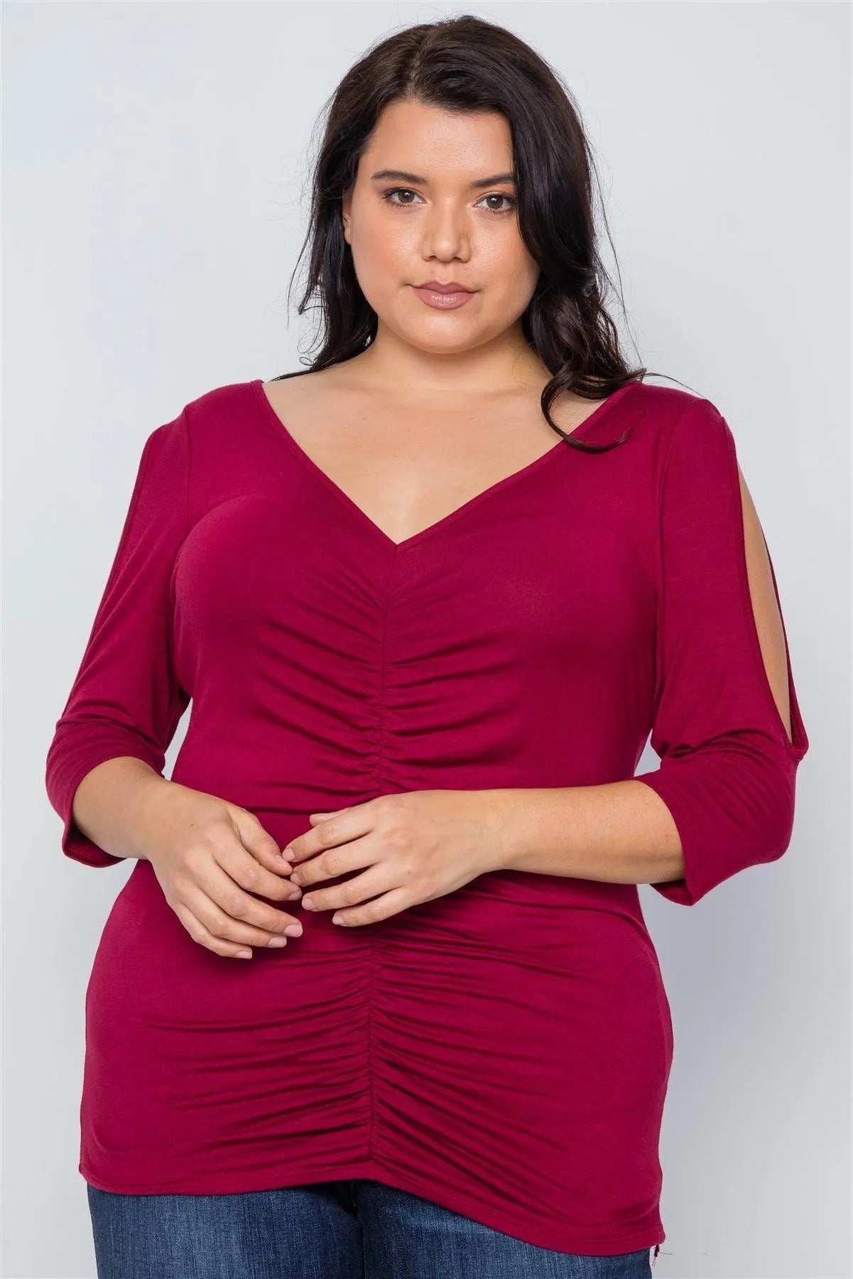 Burgundy Plus Size Slit Sleeve Ruched Front Top /2-1-2 - Tasha Apparel Wholesale