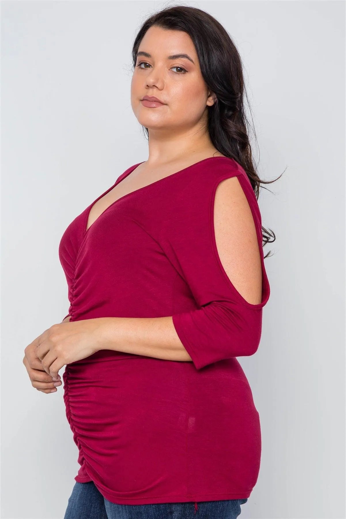 Burgundy Plus Size Slit Sleeve Ruched Front Top /2-1-2 - Tasha Apparel Wholesale