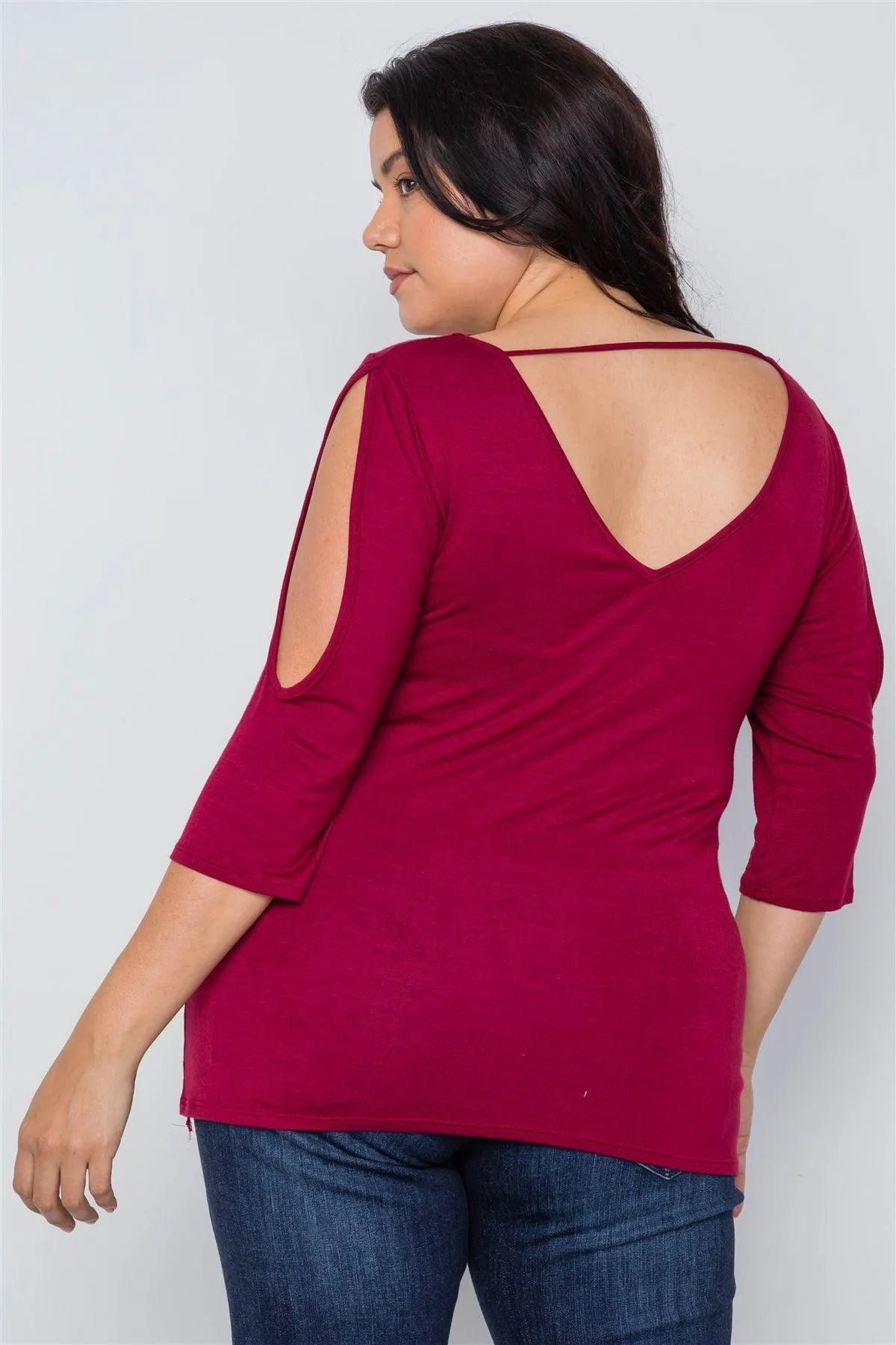 Burgundy Plus Size Slit Sleeve Ruched Front Top /2-1-2 - Tasha Apparel Wholesale