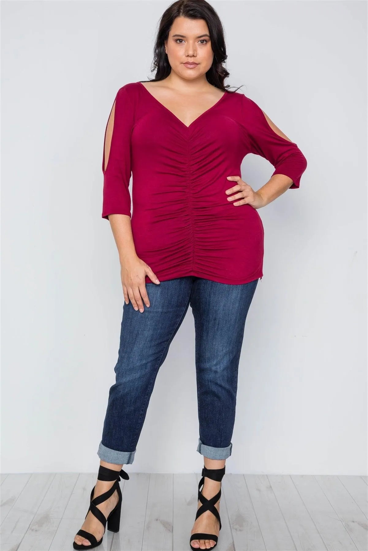 Burgundy Plus Size Slit Sleeve Ruched Front Top /2-1-2 - Tasha Apparel Wholesale