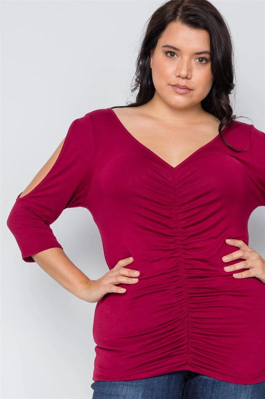 Burgundy Plus Size Slit Sleeve Ruched Front Top /2-2-2 - Tasha Apparel Wholesale