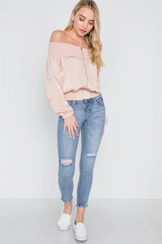 Blush Off-The-Shoulder Light Zip-Up Bomber Jacket /1-2-1 - Tasha Apparel Wholesale