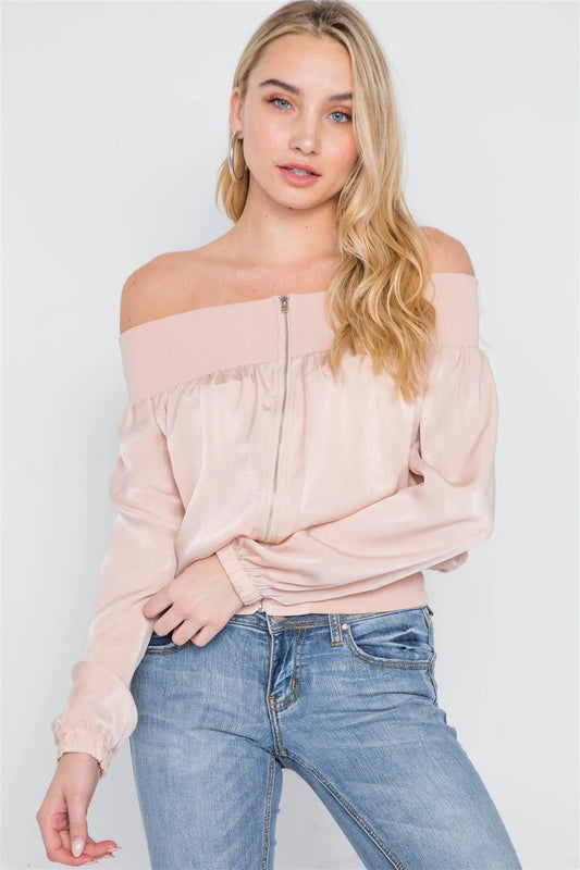 Blush Off-The-Shoulder Light Zip-Up Bomber Jacket /2-2-2 - Tasha Apparel Wholesale