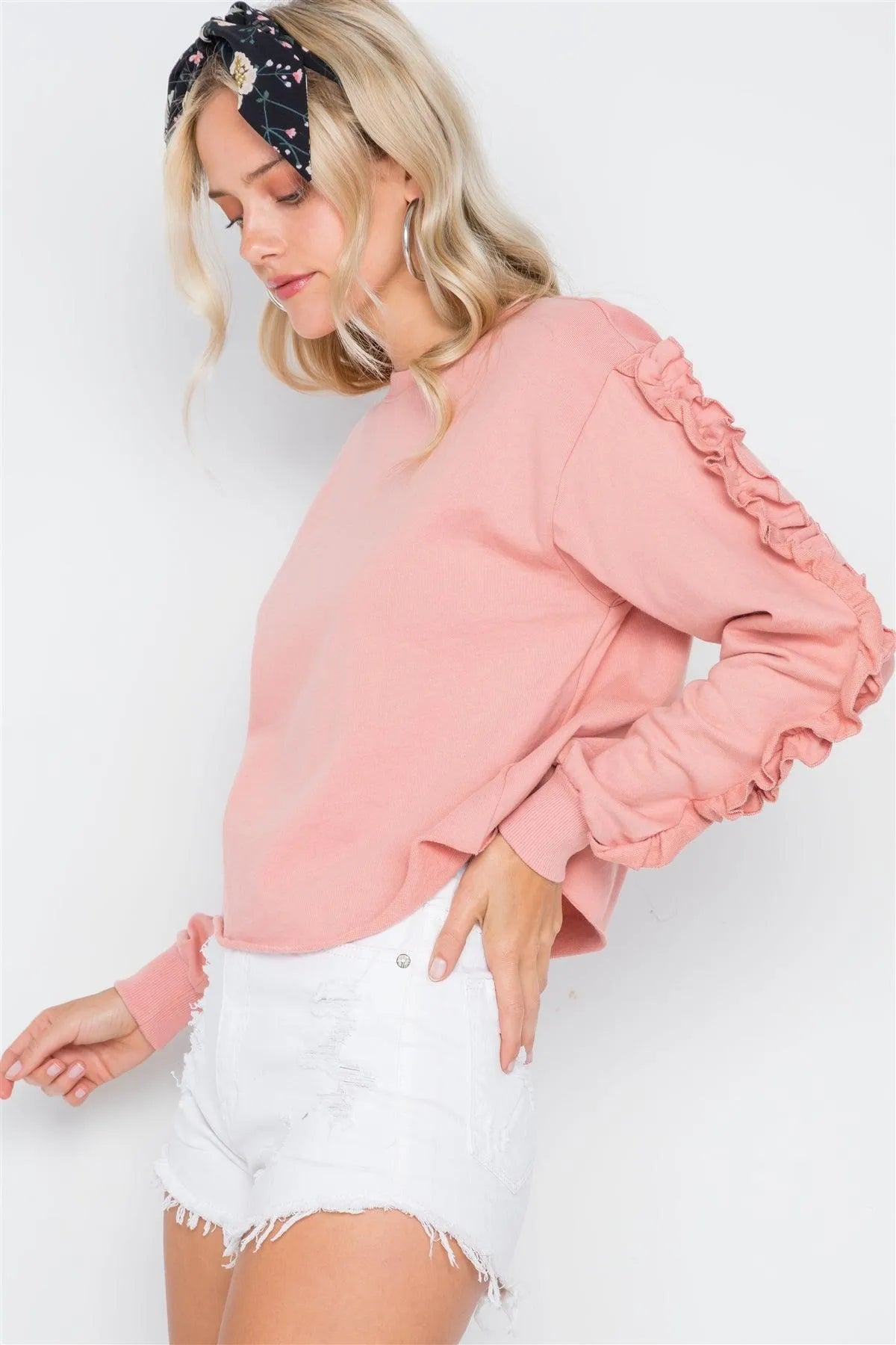 Peach Crew Neck Long Sleeve Ruffle Sweater /1-2-2-1 - Tasha Apparel Wholesale