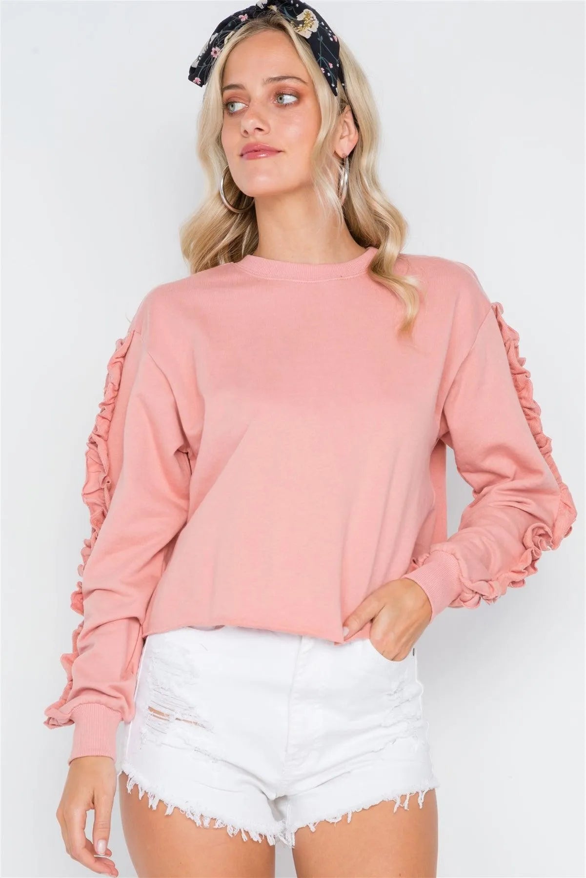 Peach Crew Neck Long Sleeve Ruffle Sweater - Tasha Apparel Wholesale