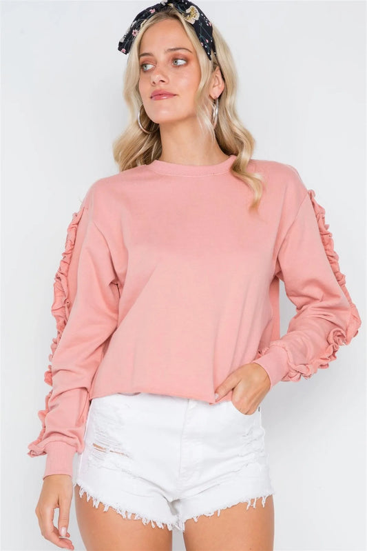 Peach Crew Neck Long Sleeve Ruffle Sweater - Tasha Apparel Wholesale