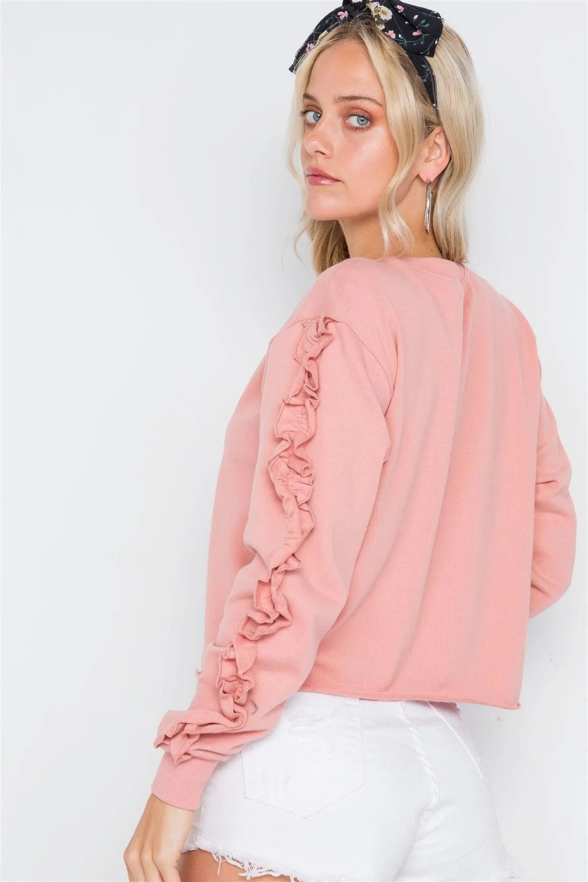 Peach Crew Neck Long Sleeve Ruffle Sweater - Tasha Apparel Wholesale