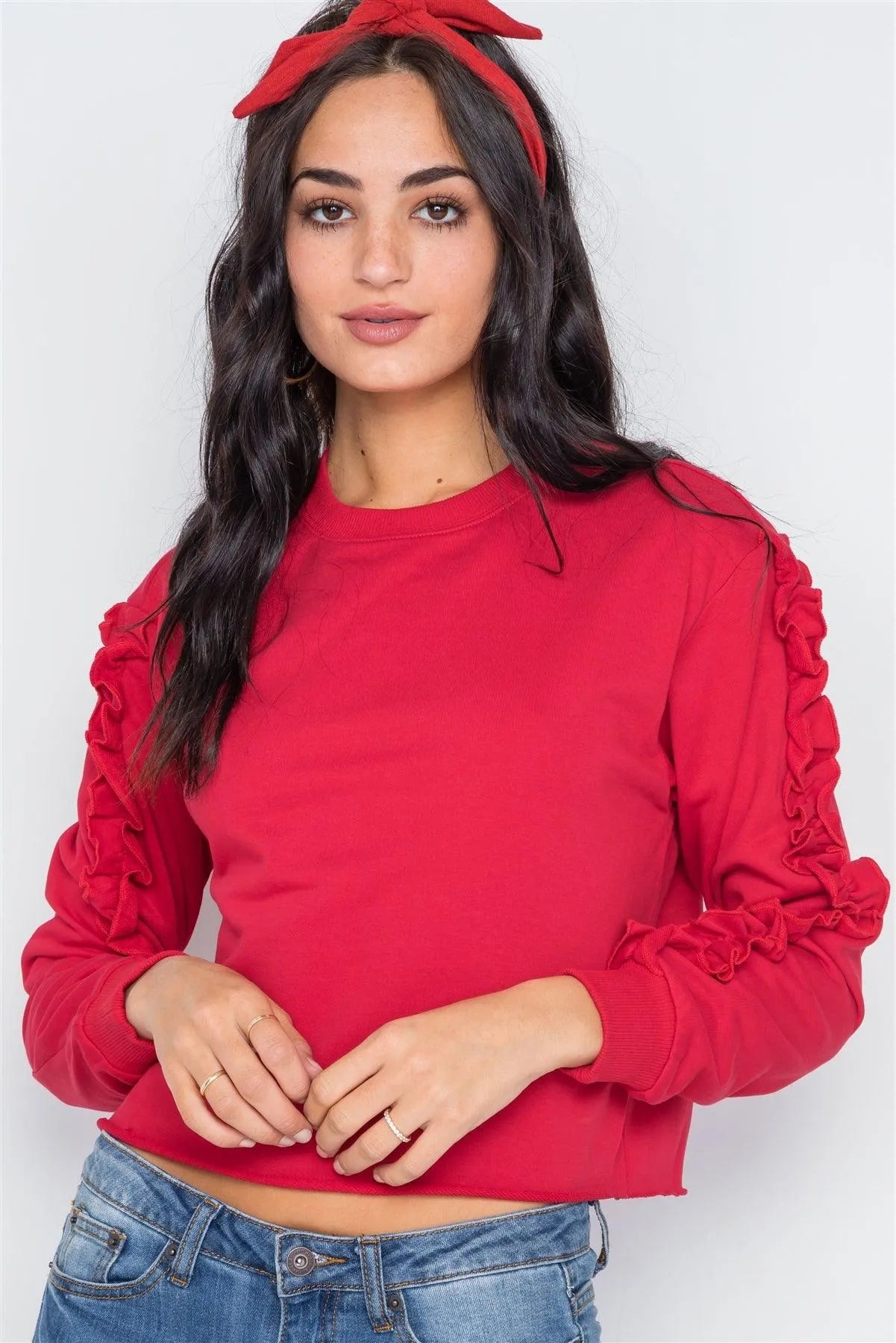 Red Crew Neck Long Sleeve Ruffle Sweater /1-2-2-1 - Tasha Apparel Wholesale