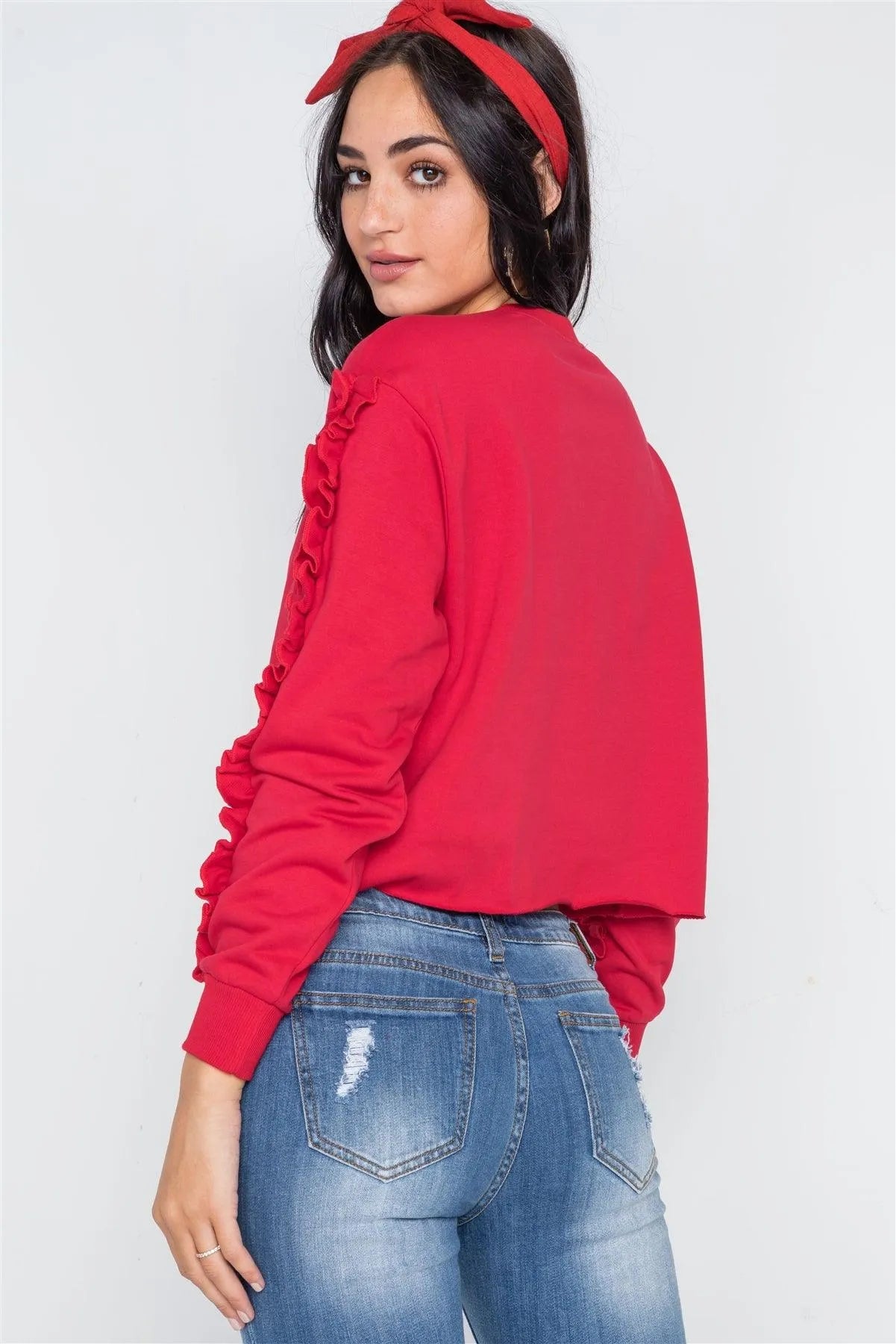 Red Crew Neck Long Sleeve Ruffle Sweater /1-2-2-1 - Tasha Apparel Wholesale
