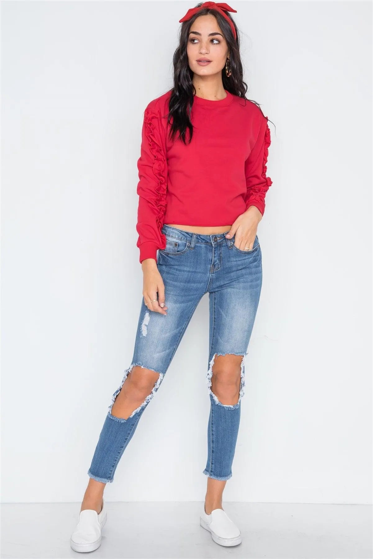 Red Crew Neck Long Sleeve Ruffle Sweater /1-2-2-1 - Tasha Apparel Wholesale