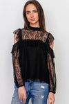 Boho Black Mesh Frill Cold Shoulder Top /1-2-2-1 - Tasha Apparel Wholesale