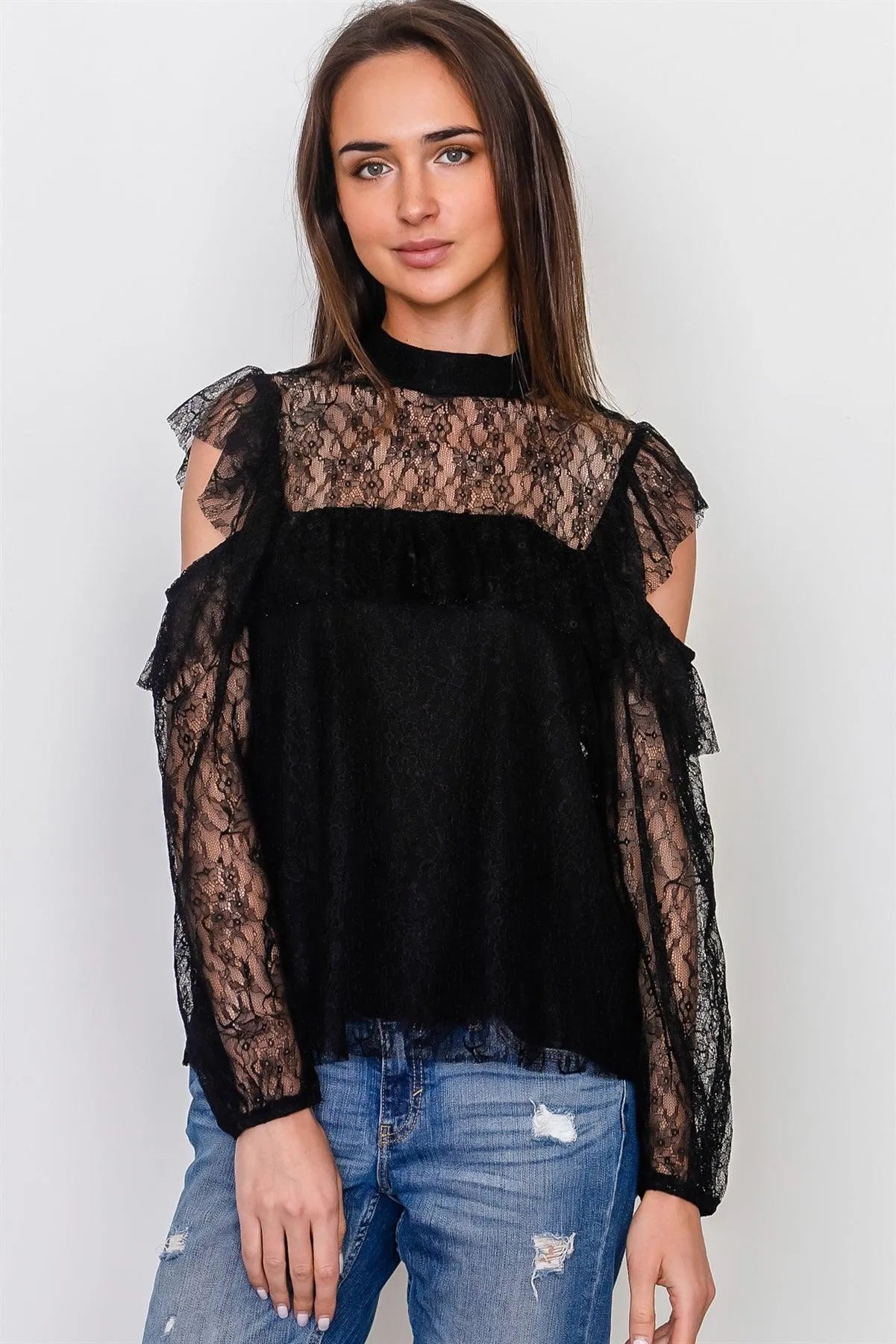 Boho Black Mesh Frill Cold Shoulder Top /1-2-2-1 - Tasha Apparel Wholesale