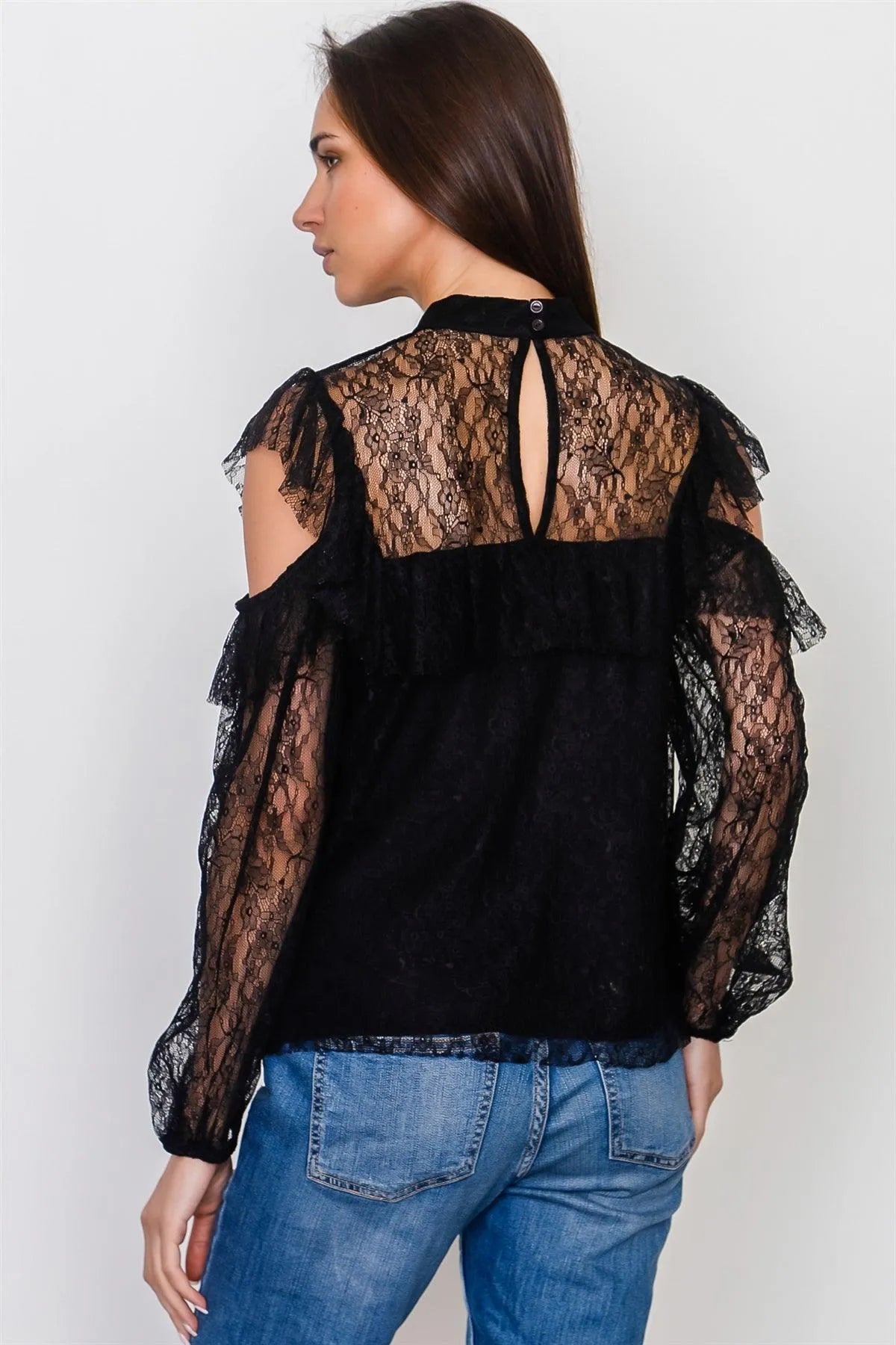 Boho Black Mesh Frill Cold Shoulder Top /1-2-2-1 - Tasha Apparel Wholesale