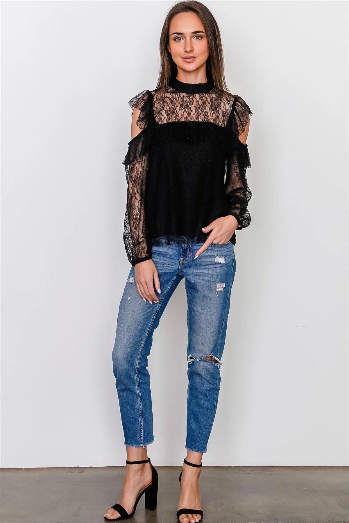 Boho Black Mesh Frill Cold Shoulder Top /1-2-2-1 - Tasha Apparel Wholesale