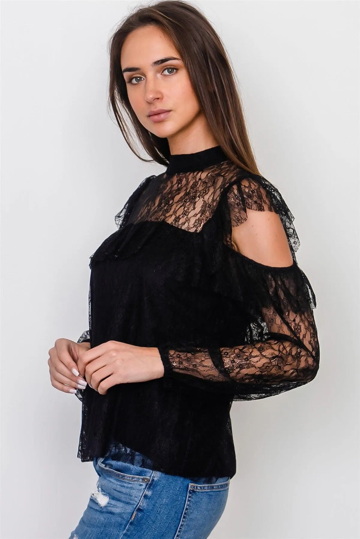 Boho Black Mesh Frill Cold Shoulder Top /1-2-2-1 - Tasha Apparel Wholesale