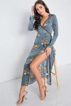 Storm Blue Side Slit Floral Wrap Maxi Dress /1-2-2 - Tasha Apparel Wholesale