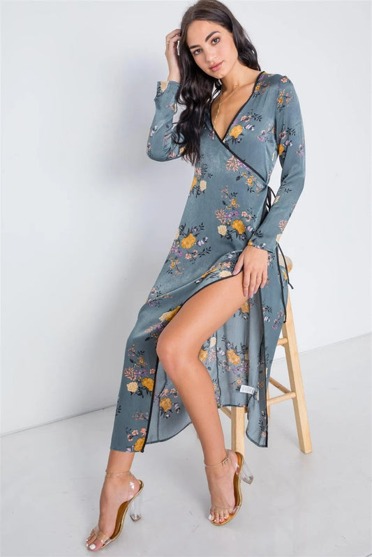 Storm Blue Side Slit Floral Wrap Maxi Dress /1-2-2 - Tasha Apparel Wholesale
