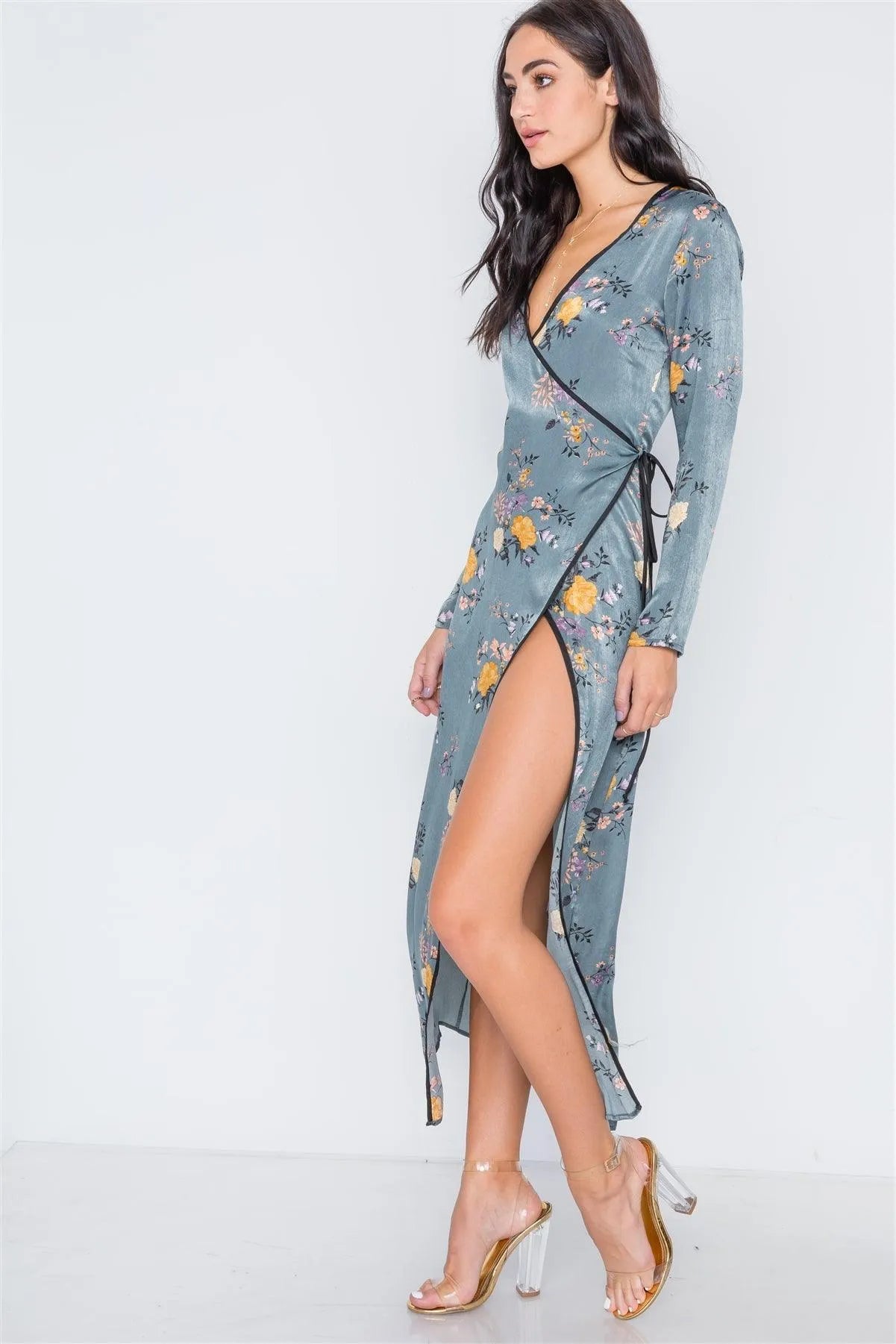 Storm Blue Side Slit Floral Wrap Maxi Dress /1-2-2 - Tasha Apparel Wholesale