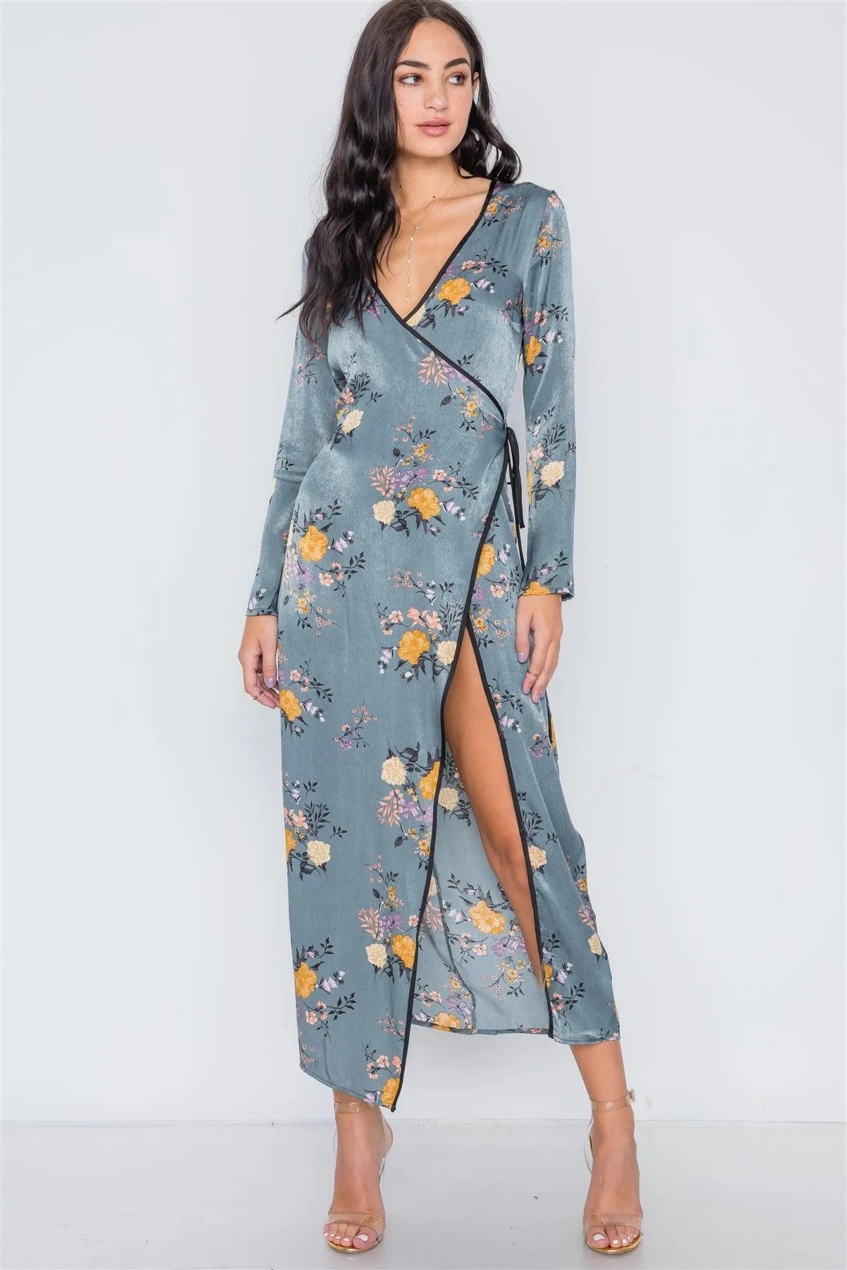 Storm Blue Side Slit Floral Wrap Maxi Dress /1-2-2 - Tasha Apparel Wholesale