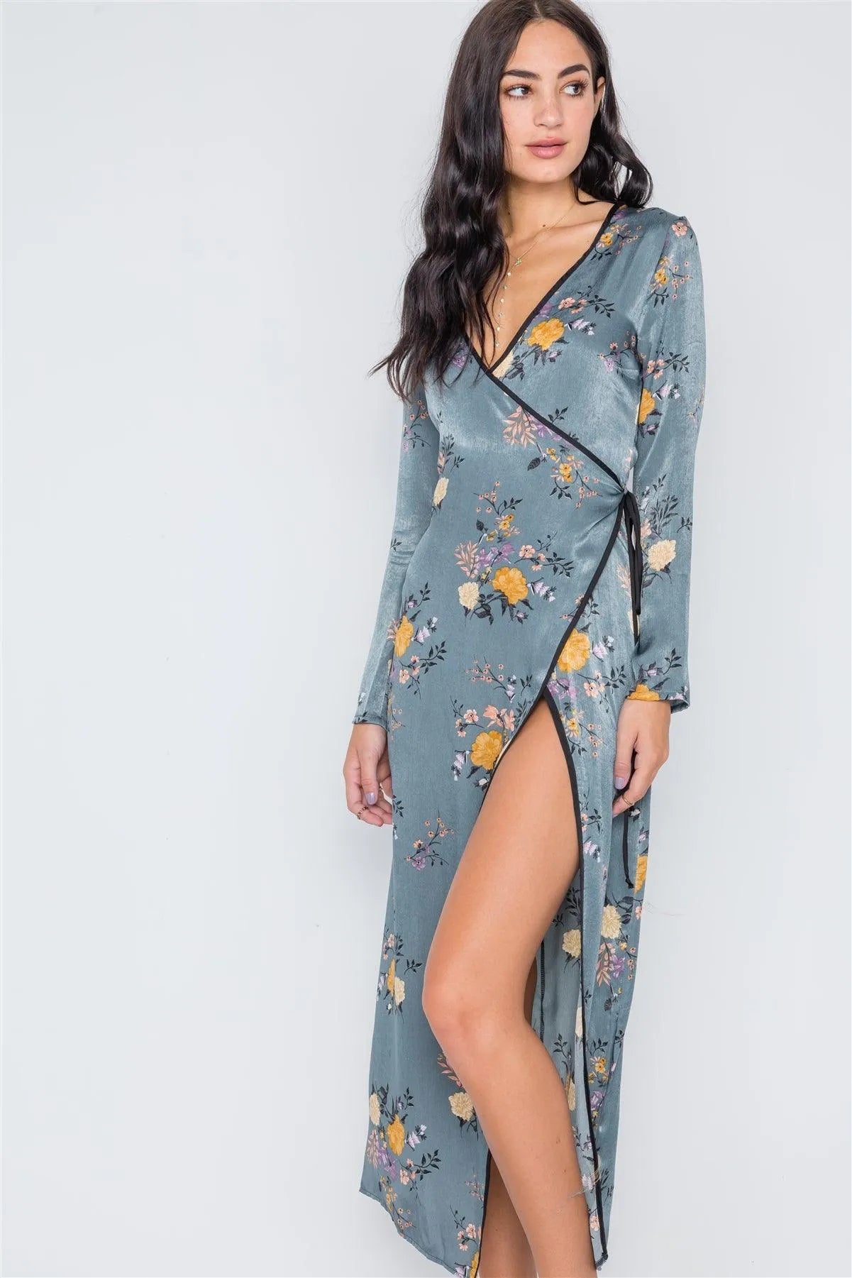 Storm Blue Side Slit Floral Wrap Maxi Dress /2-2-2 - Tasha Apparel Wholesale