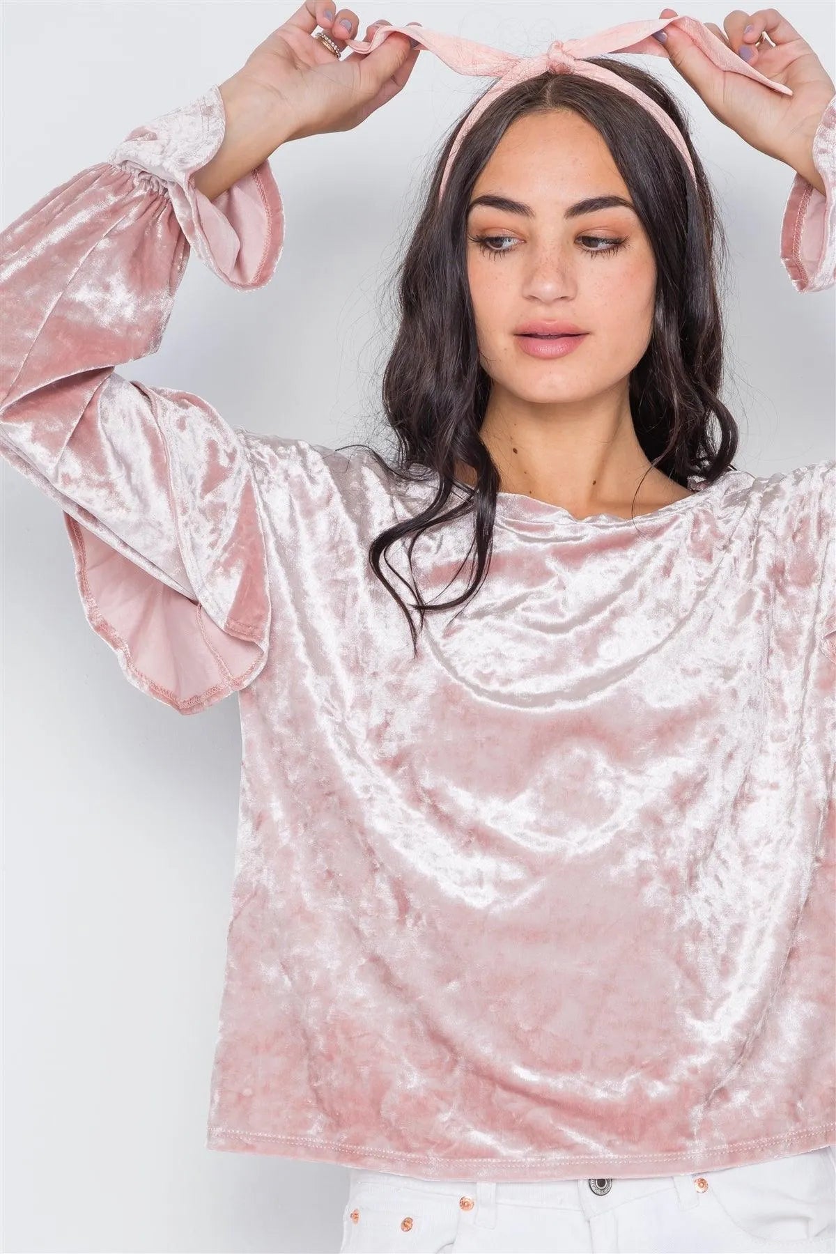 Blush Crushed Velvet Long Ruffle Sleeve Top /2-2-2 - Tasha Apparel Wholesale