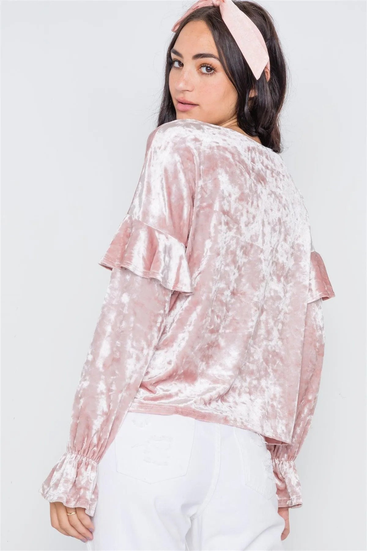 Blush Crushed Velvet Long Ruffle Sleeve Top /2-2-2 - Tasha Apparel Wholesale