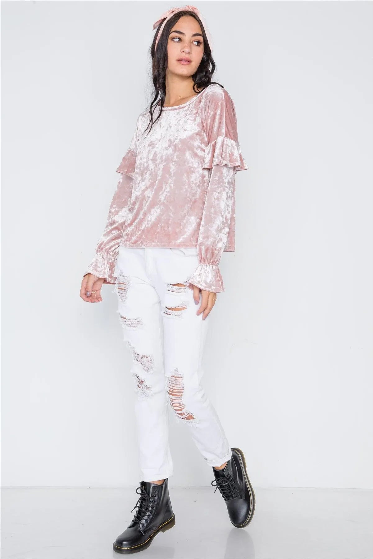 Blush Crushed Velvet Long Ruffle Sleeve Top /2-2-2 - Tasha Apparel Wholesale