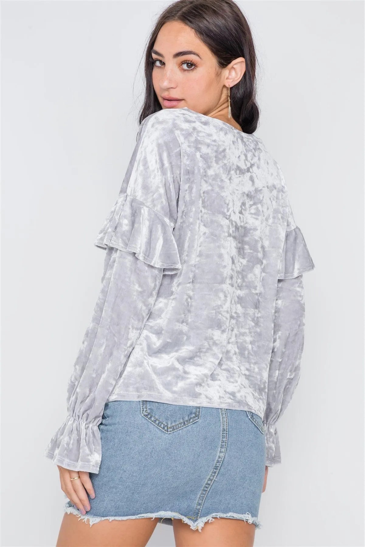 Silver Crushed Velvet Long Ruffle Sleeve Top /2-2-2 - Tasha Apparel Wholesale