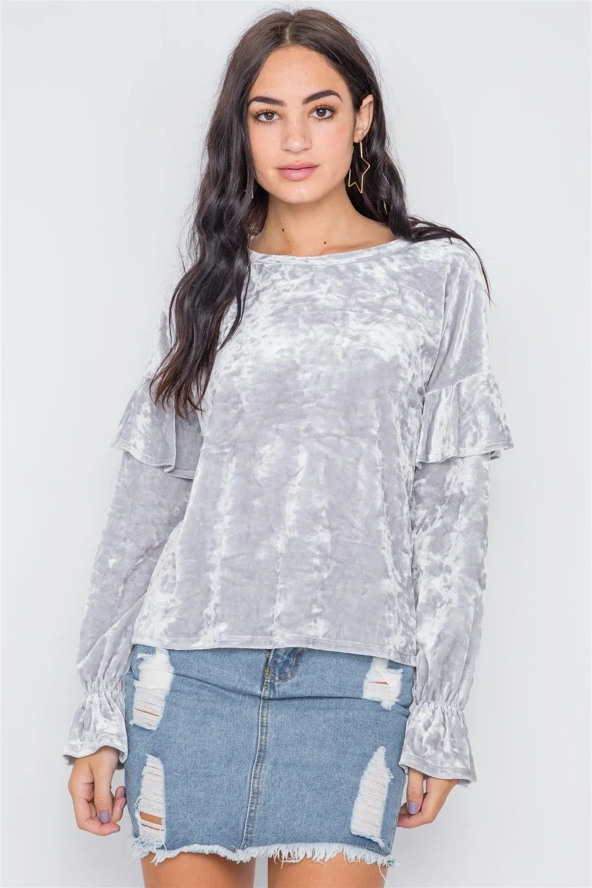 Silver Crushed Velvet Long Ruffle Sleeve Top /2-2-3 - Tasha Apparel Wholesale
