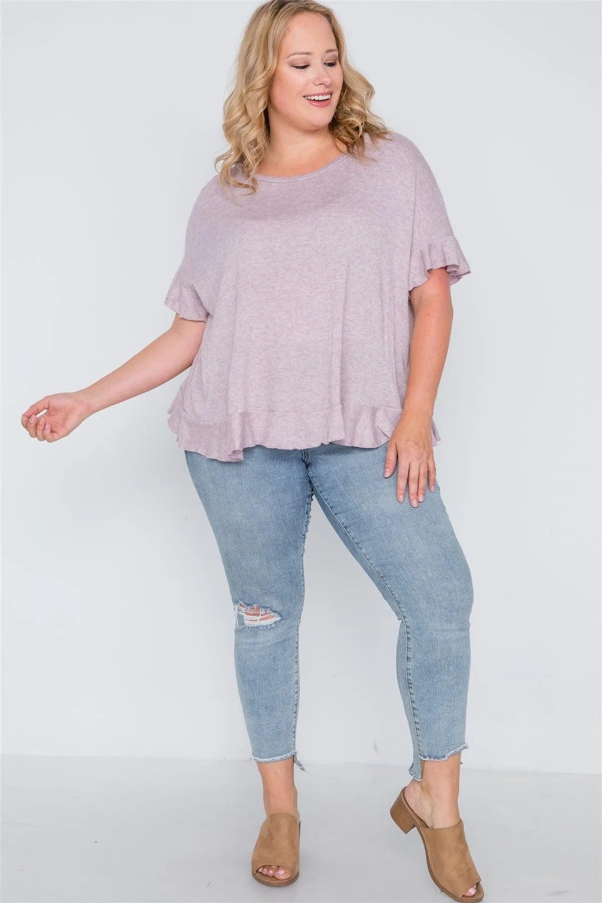 Plus Size Lavender Surplice Back Ruffle Knit Top /2-2 - Tasha Apparel Wholesale