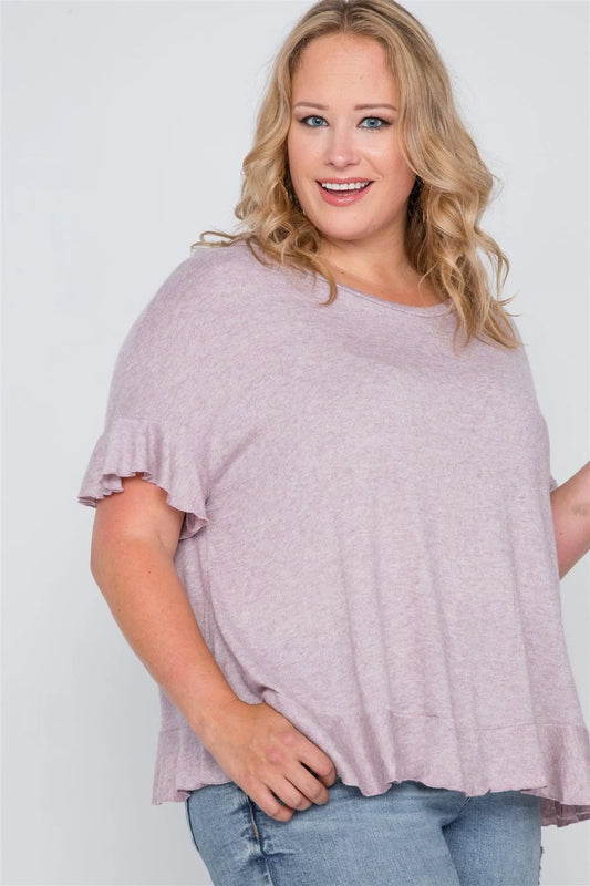 Plus Size Lavender Surplice Back Ruffle Knit Top /3-3 - Tasha Apparel Wholesale