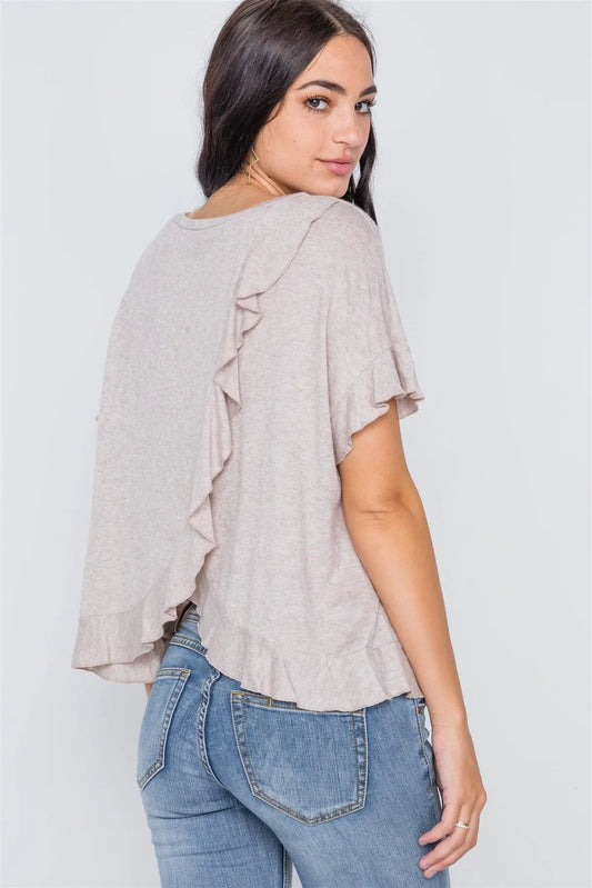 Beige Short Sleeve Surplice Back Ruffle Knit Top /3-3 - Tasha Apparel Wholesale