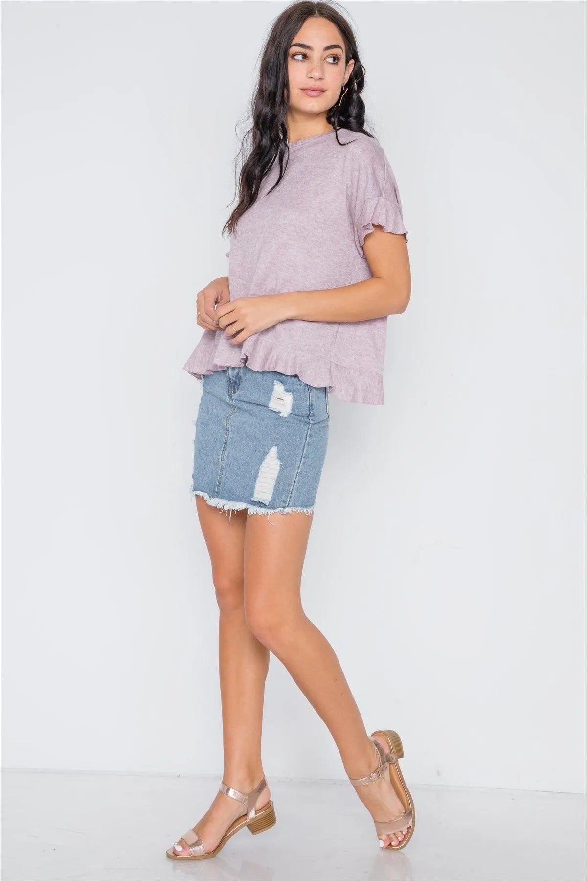 Lavender Short Sleeve Surplice Back Ruffle Knit Top /2-2 - Tasha Apparel Wholesale