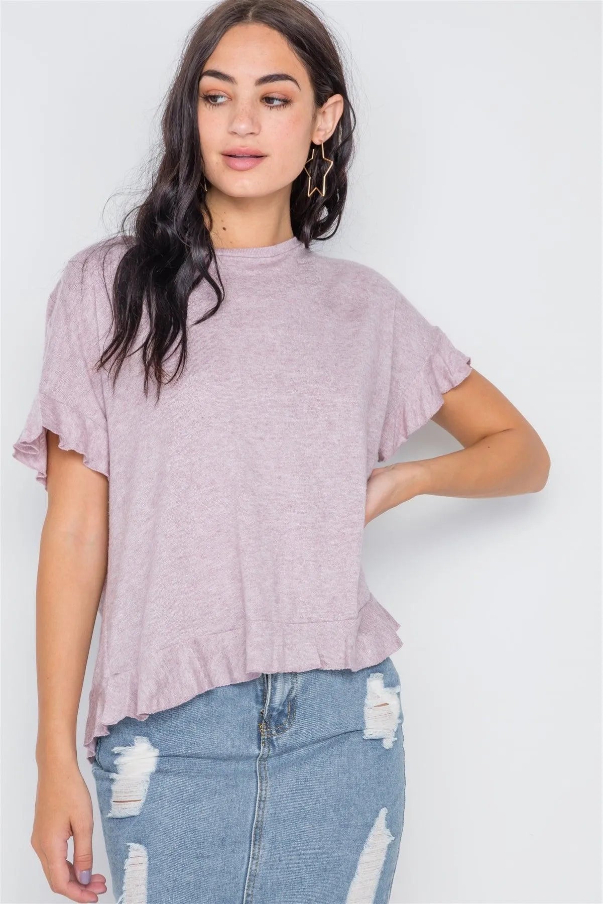 Lavender Short Sleeve Surplice Back Ruffle Knit Top /2-2 - Tasha Apparel Wholesale