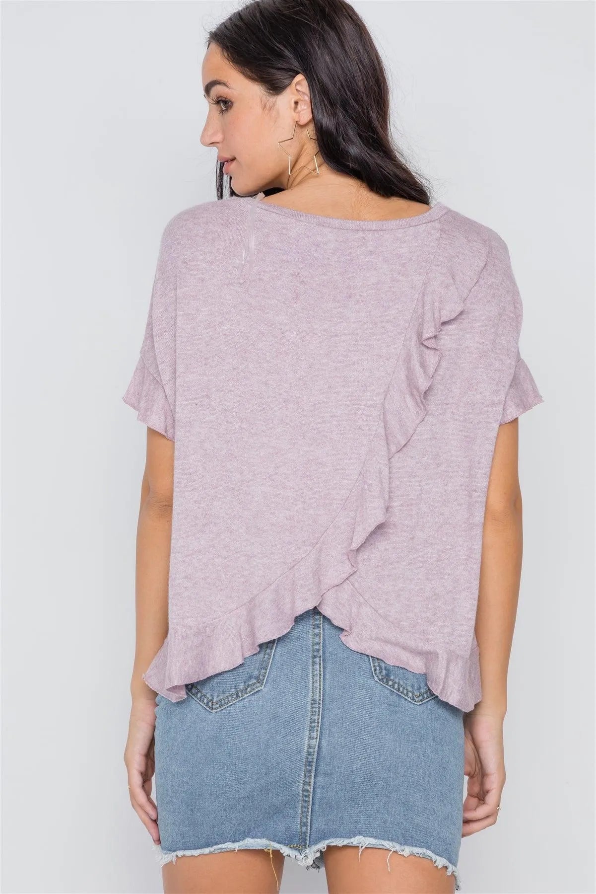 Lavender Short Sleeve Surplice Back Ruffle Knit Top /2-2 - Tasha Apparel Wholesale