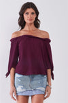Wine Off-The-Shoulder Midi Sleeve With Self-Tie Detail Top /2-2-2 - Tasha Apparel Wholesale