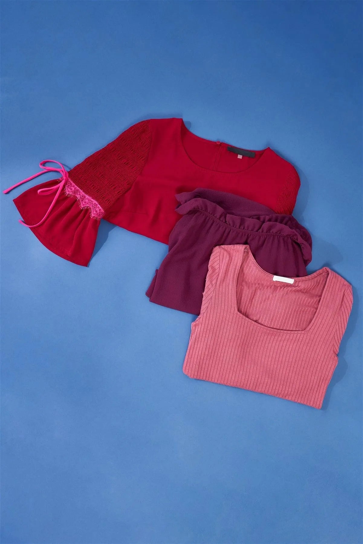 Wine Off-The-Shoulder Midi Sleeve With Self-Tie Detail Top /2-2-2 - Tasha Apparel Wholesale