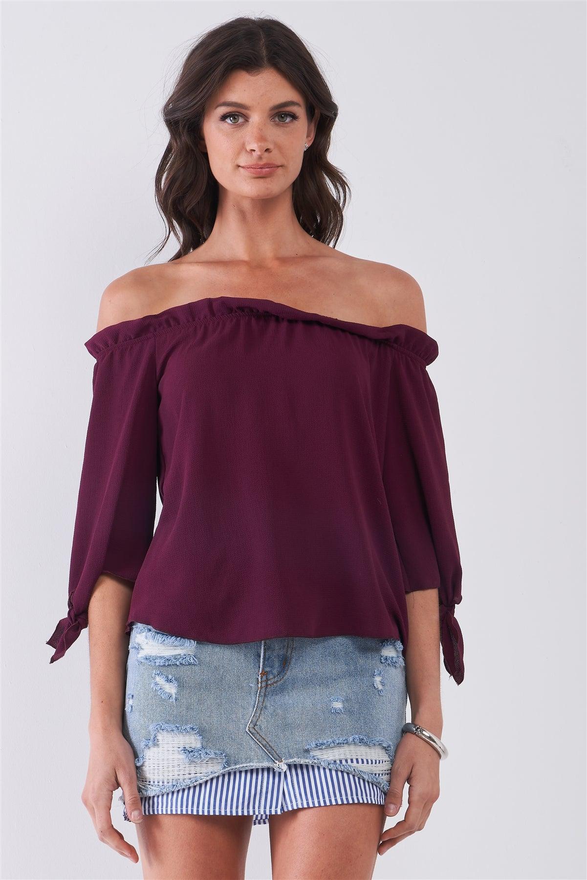 Wine Off-The-Shoulder Midi Sleeve With Self-Tie Detail Top
