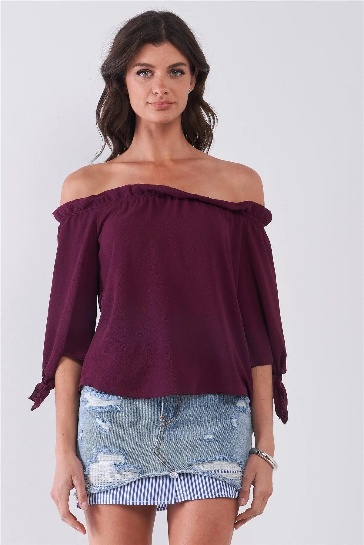 Wine Off-The-Shoulder Midi Sleeve With Self-Tie Detail Top - Tasha Apparel Wholesale