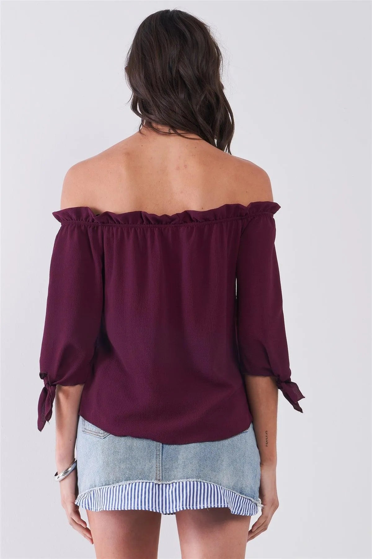 Wine Off-The-Shoulder Midi Sleeve With Self-Tie Detail Top - Tasha Apparel Wholesale