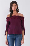 Wine Off-The-Shoulder Embroidery Trim Midi Sleeve With Self-Tie Detail Top /2-2-2 - Tasha Apparel Wholesale