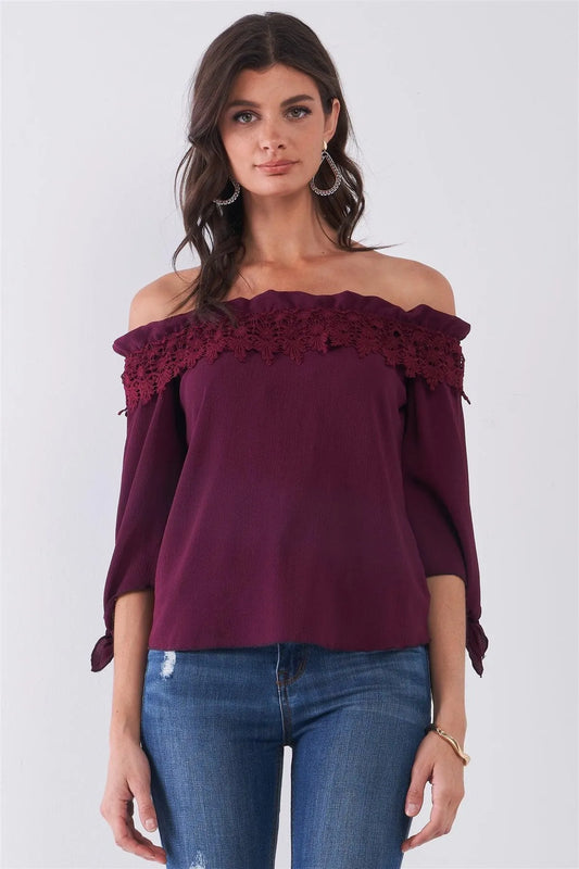 Wine Off-The-Shoulder Embroidery Trim Midi Sleeve With Self-Tie Detail Top /2-2-2 - Tasha Apparel Wholesale