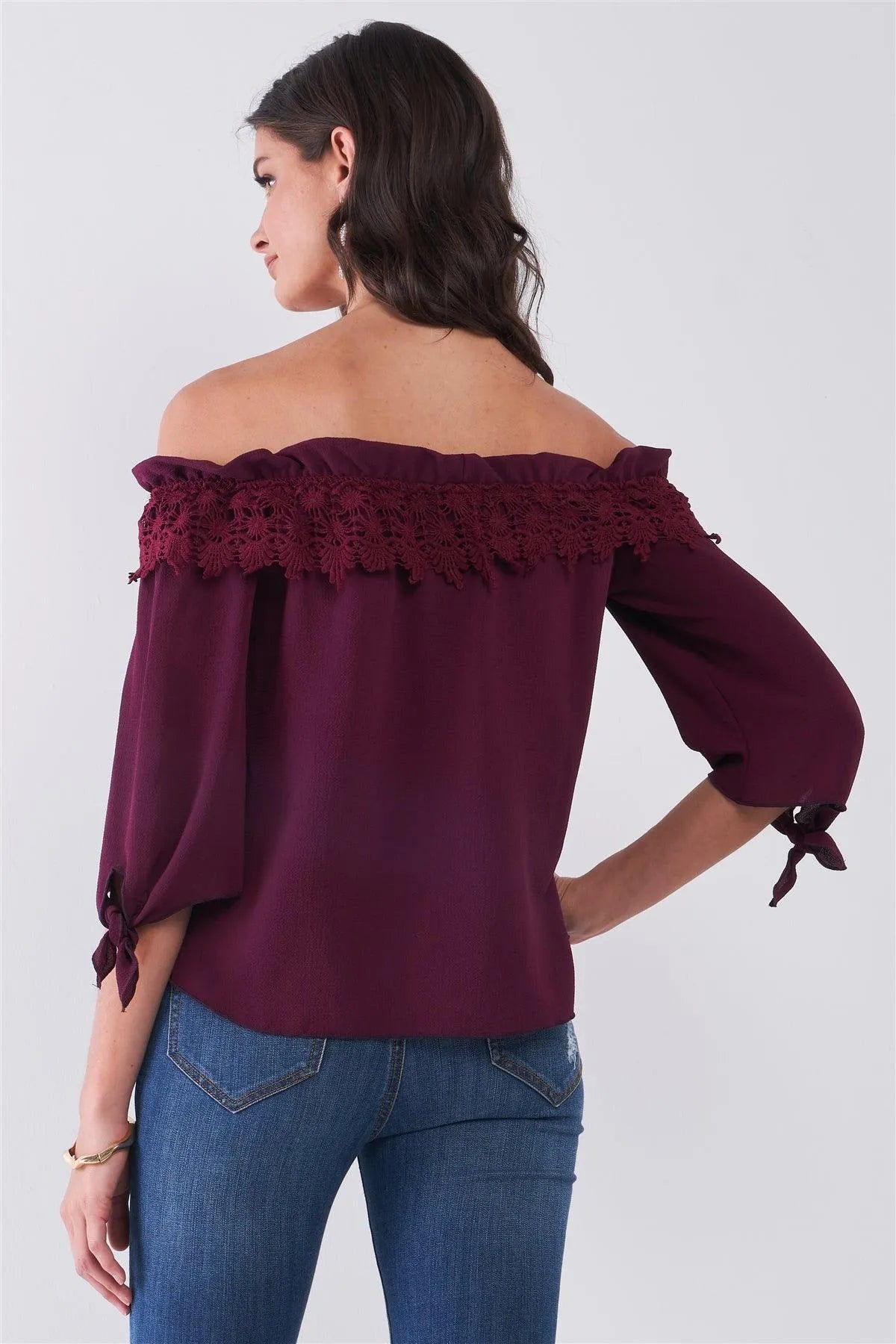 Wine Off-The-Shoulder Embroidery Trim Midi Sleeve With Self-Tie Detail Top /2-2-2 - Tasha Apparel Wholesale
