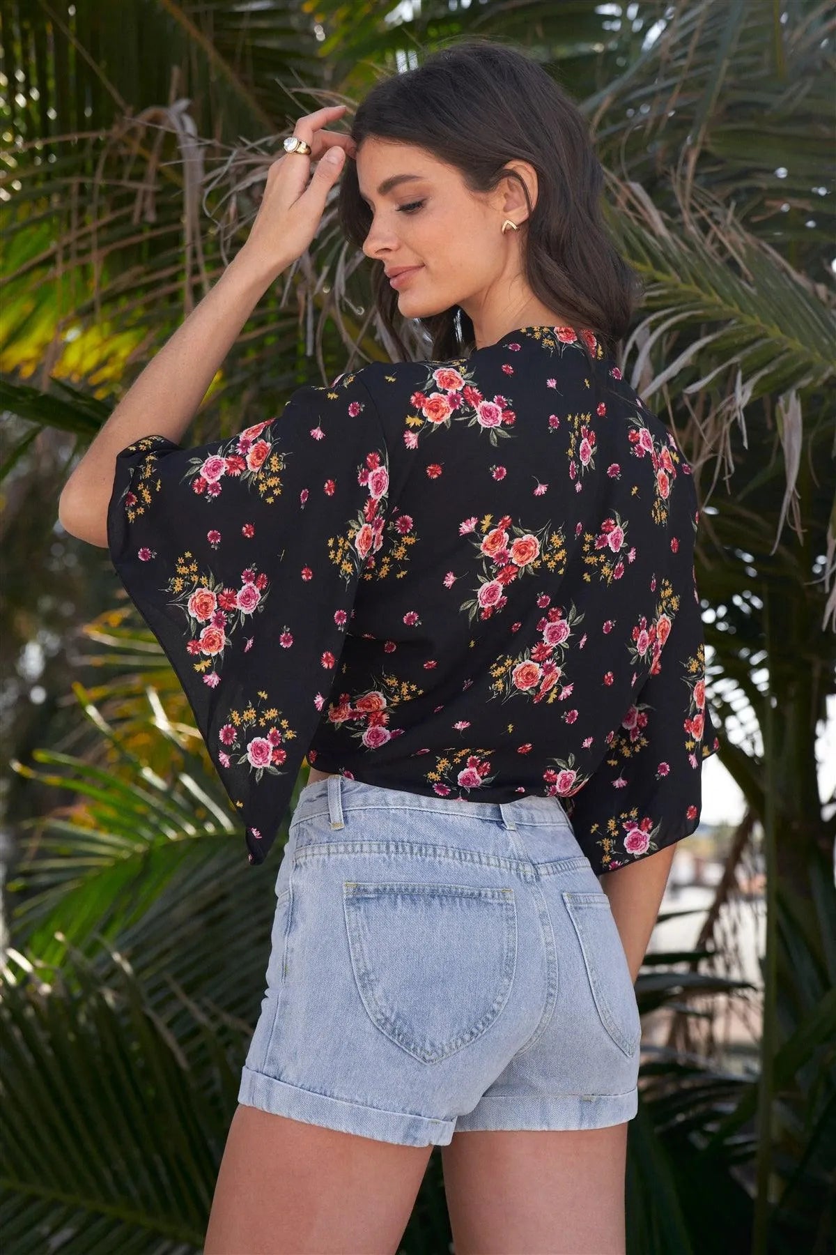 Black Floral Print Plunge Neck Self-Tie Front Wide Sleeve With Slit Cropped Top /2-2-2 - Tasha Apparel Wholesale