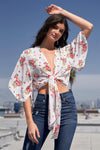 White Floral Print Plunge Neck Self-Tie Front Wide Sleeve With Slit Cropped Top /2-2-2 - Tasha Apparel Wholesale