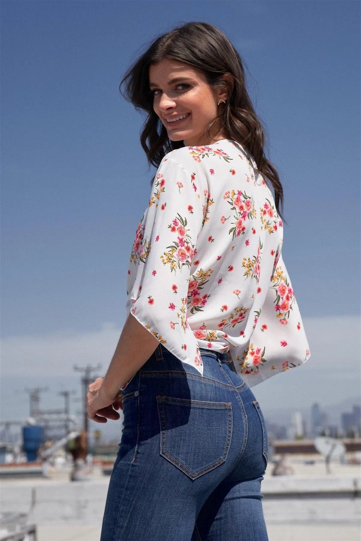 White Floral Print Plunge Neck Self-Tie Front Wide Sleeve With Slit Cropped Top /2-2-2 - Tasha Apparel Wholesale
