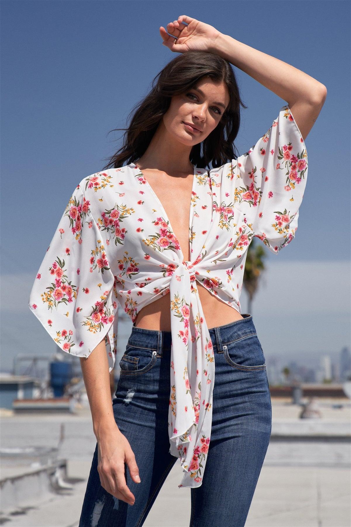 White Floral Print Plunge Neck Self-Tie Front Wide Sleeve With Slit Cropped Top